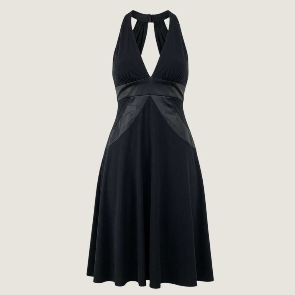VTG Y2K Halter Dress Women S Black Satin Trim Open Back Cocktail ALine